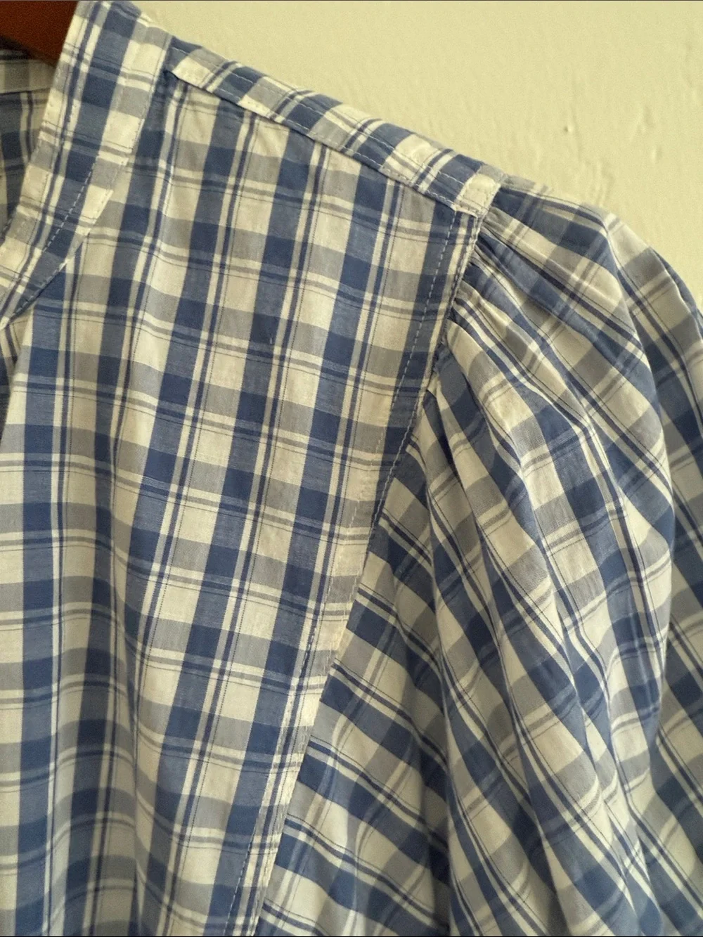Madewell Blue and White Plaid Puff Sleeve Button-Front Top